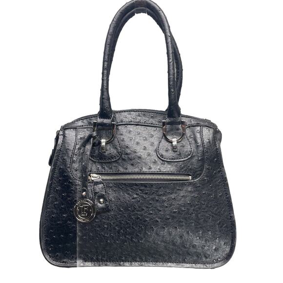 Vintage LONDON FOG Vegan Ostrich Embossed Leather Satchel Black Handbag Purse - Picture 1 of 5